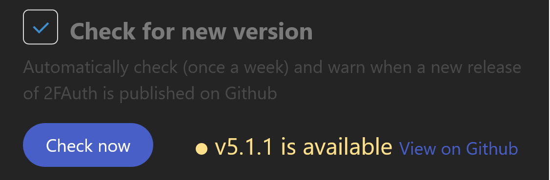 The new version alert in the App Setup page